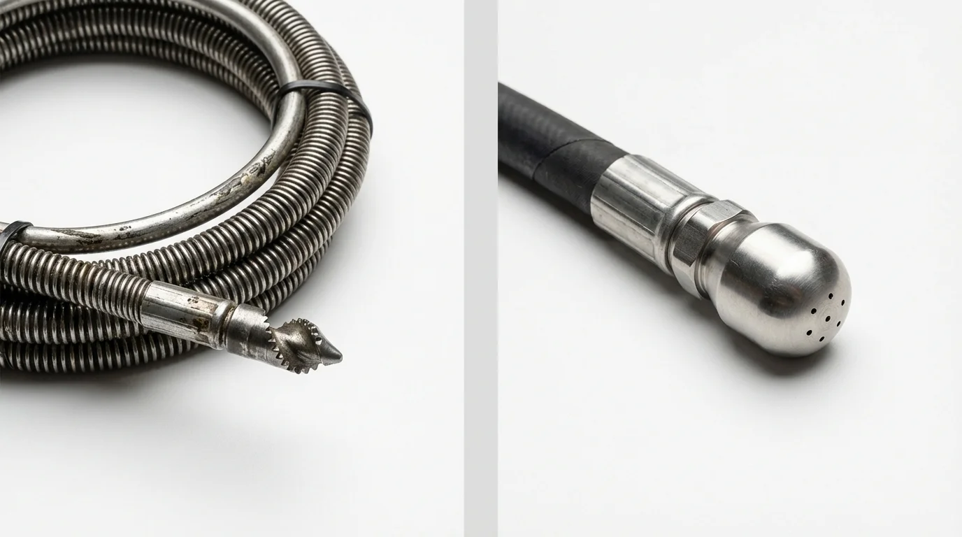 Drain snake cable and hydro jetting nozzle used for drain cleaning in Manchester, NH