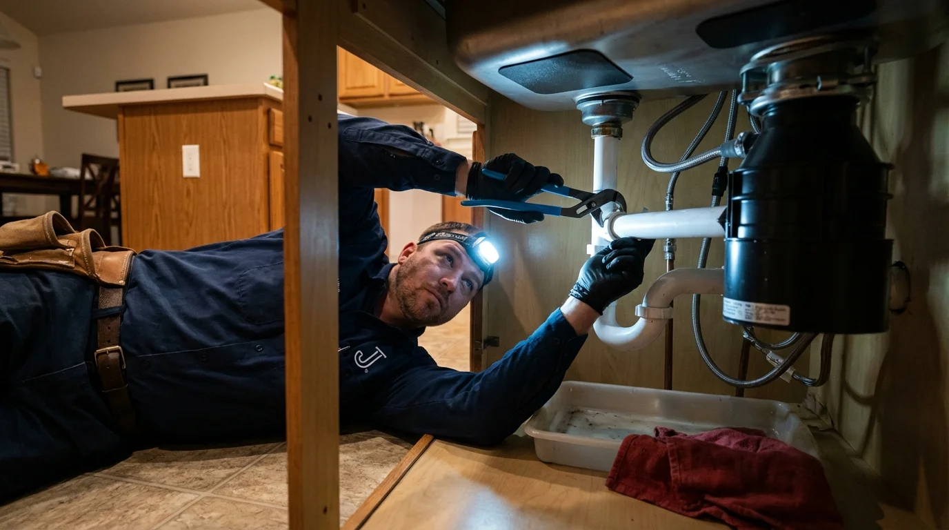 P-trap and supply line connections under a kitchen sink showing a common leak point in Manchester, NH